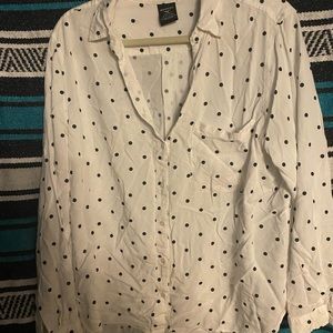 Black polka dot button down top